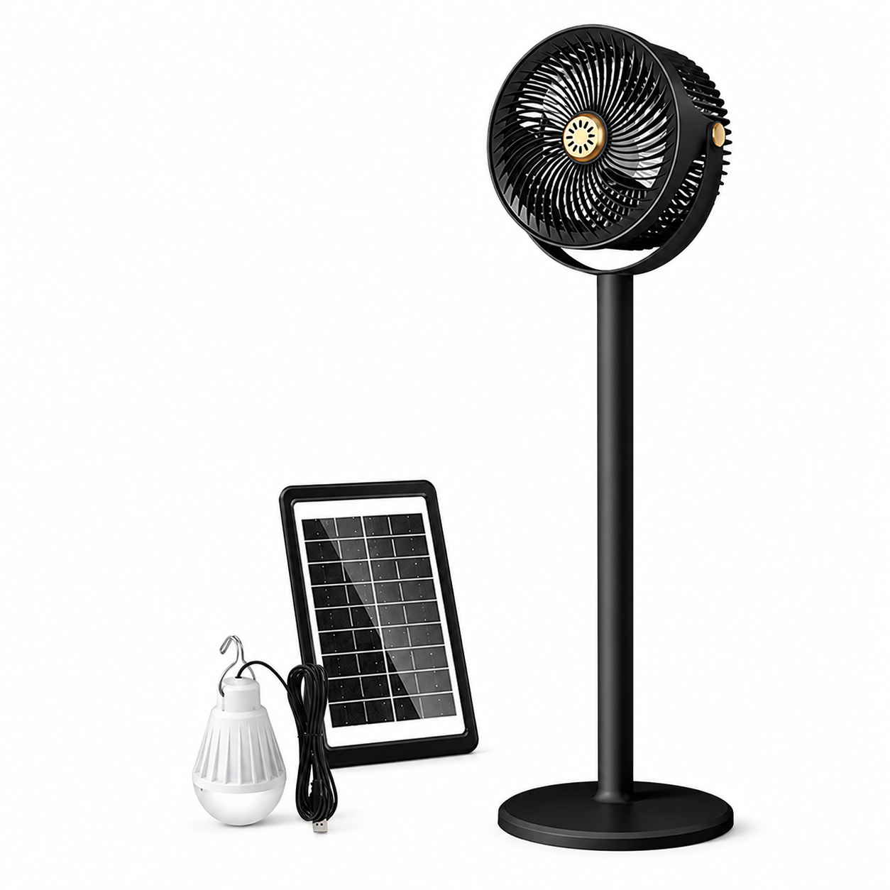 Multifunktionel standventilator med solenergi og LED-belysning