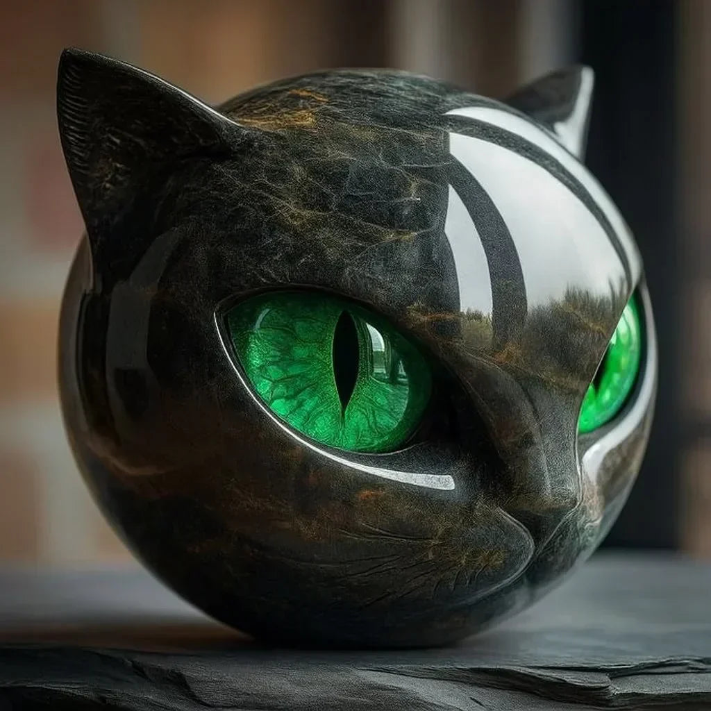 Mystisk sort kattehovedskulptur