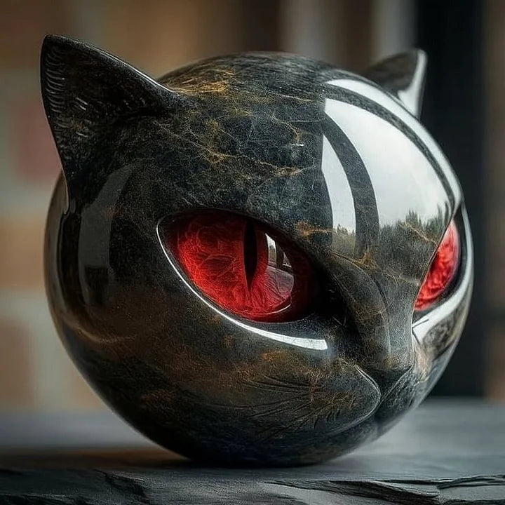 Mystisk sort kattehovedskulptur