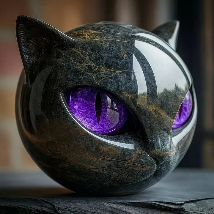 Mystisk sort kattehovedskulptur