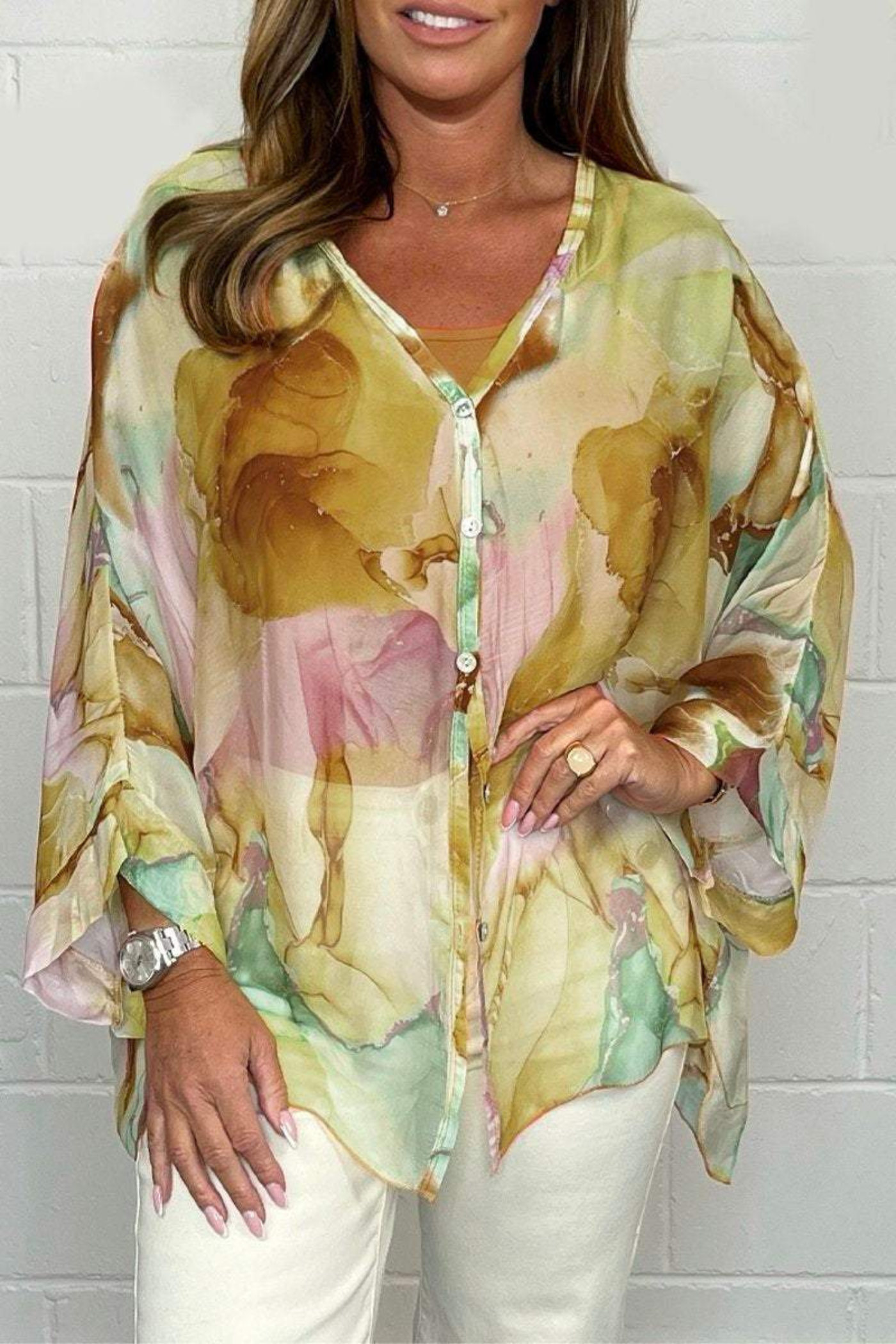 Oversized damebluse med abstrakt print