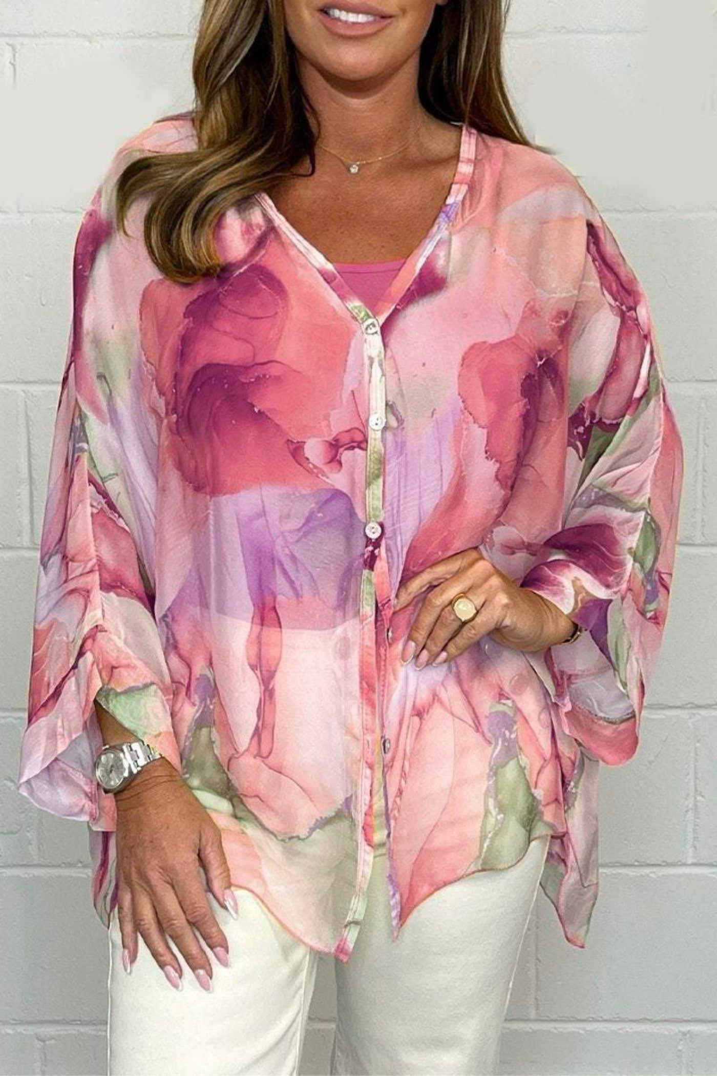 Oversized damebluse med abstrakt print