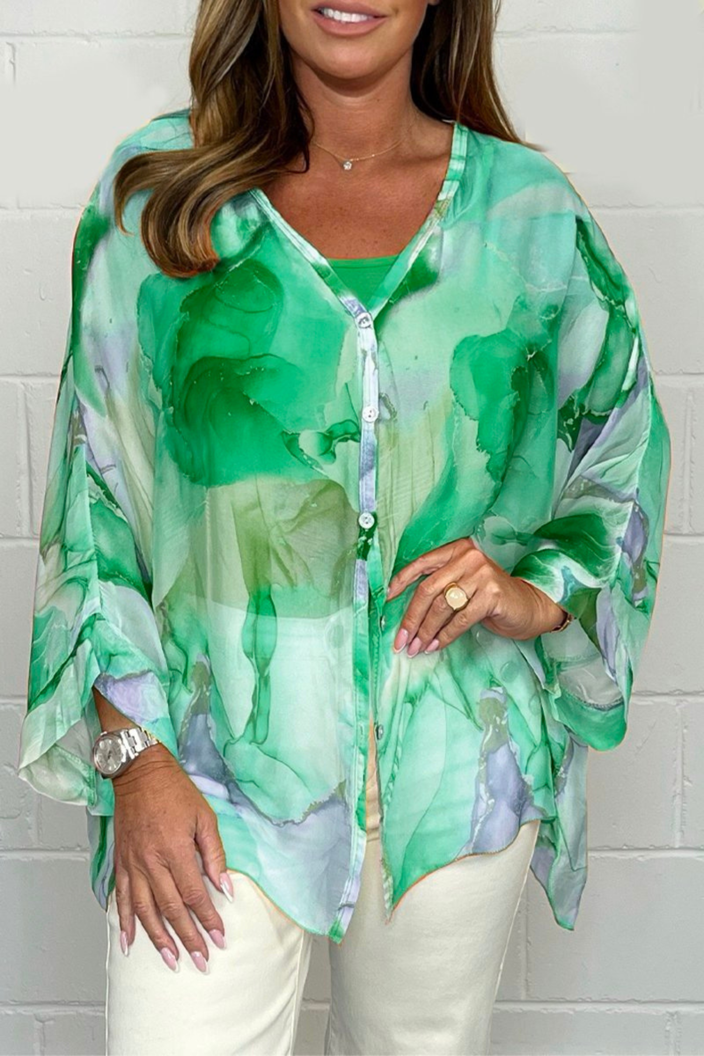 Oversized damebluse med abstrakt print