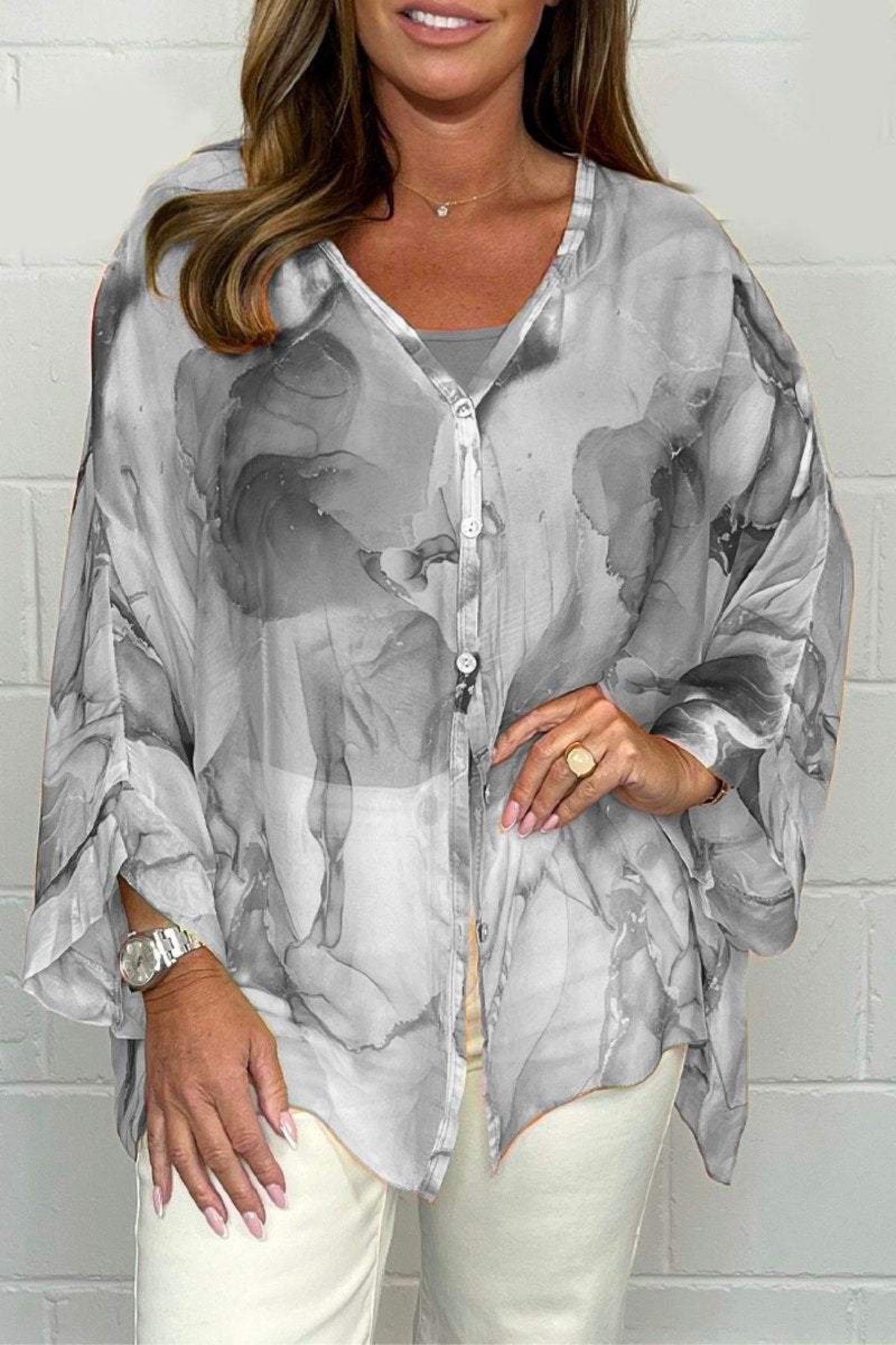 Oversized damebluse med abstrakt print