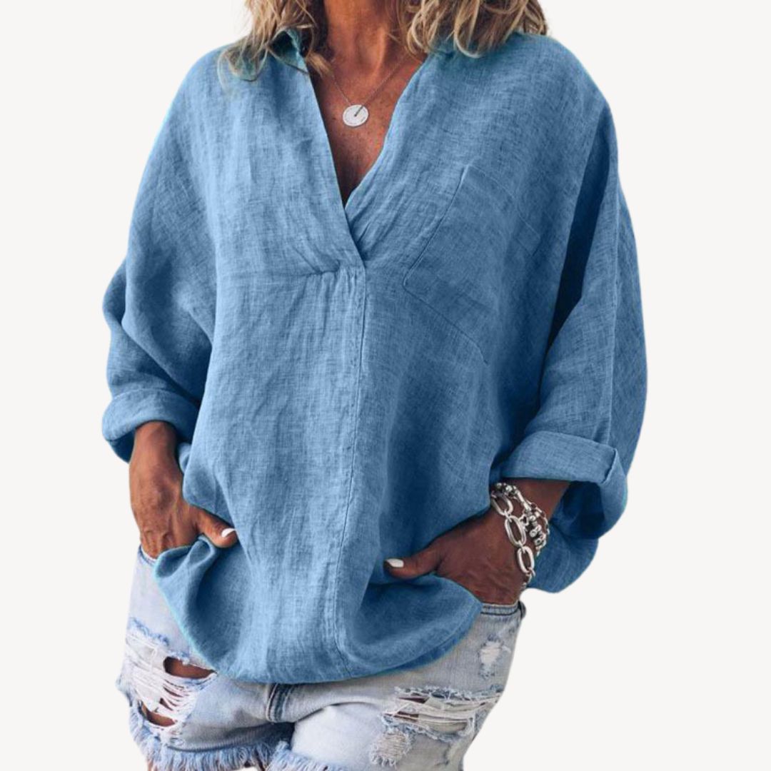 Oversized damebluse med V-udskæring
