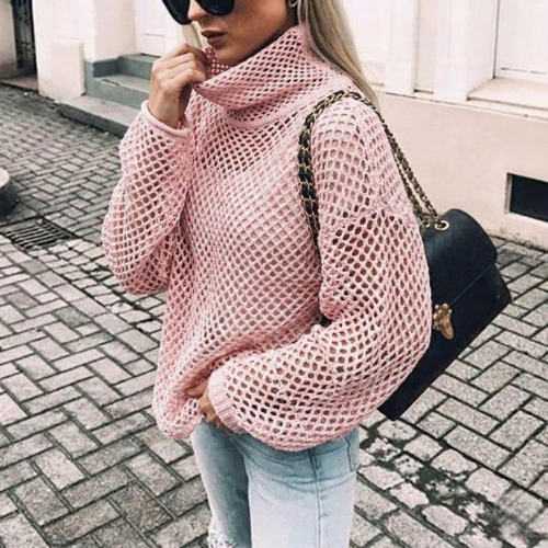 Oversized grovstrikket rullekravesweater til damer