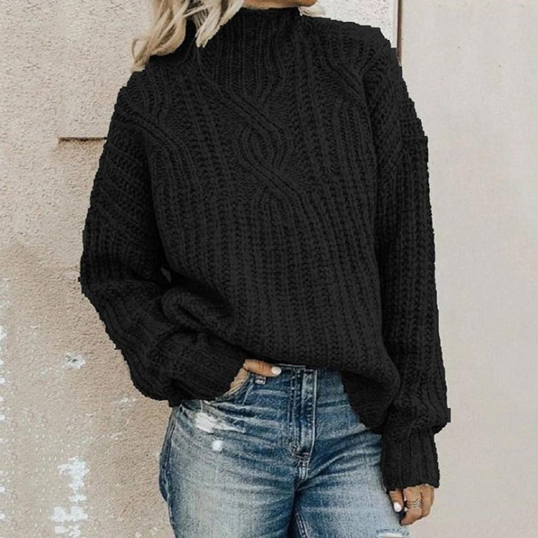 Oversized kabelstrikket rullekravesweater til damer