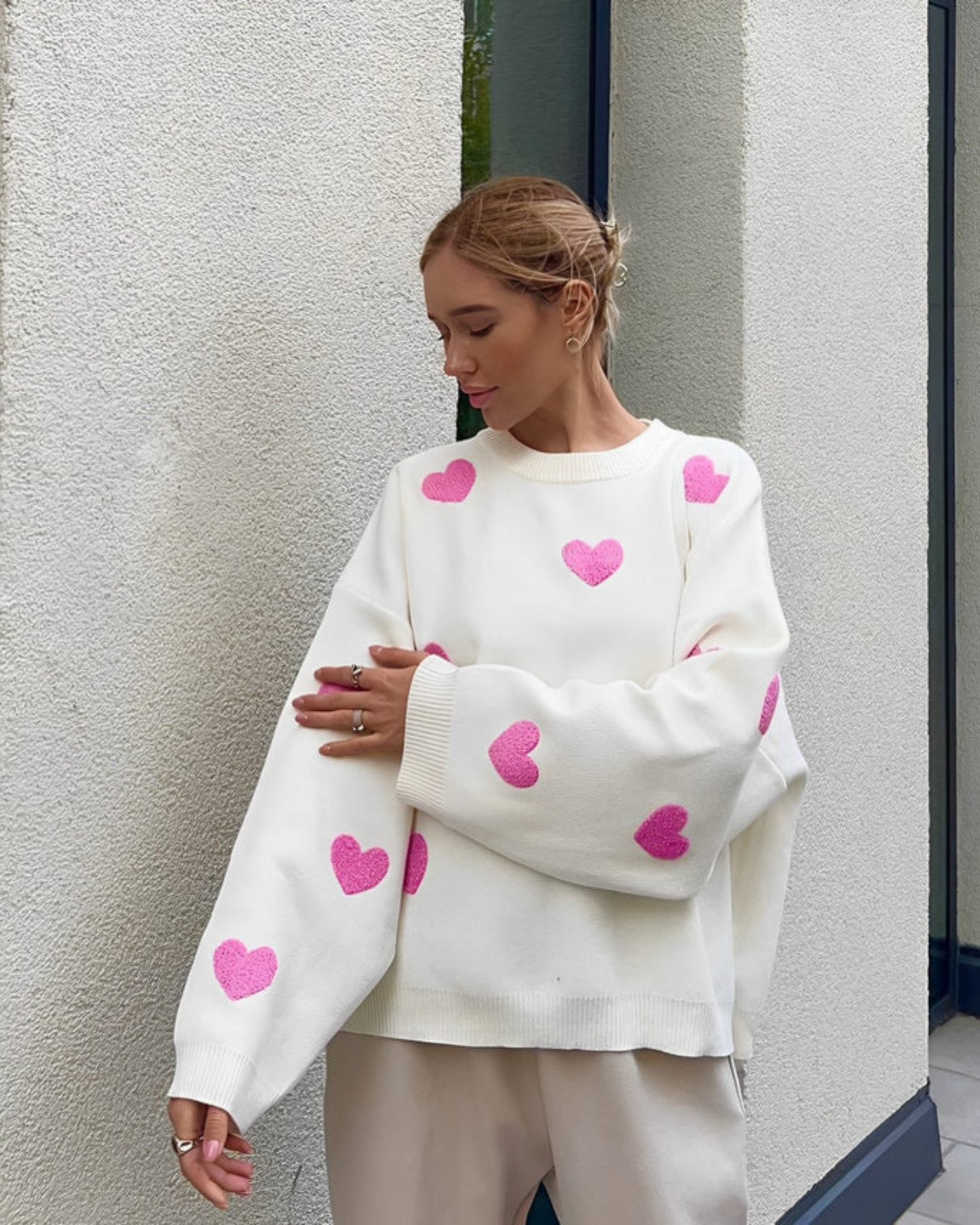 Oversized sweater med hjerteprint til damer