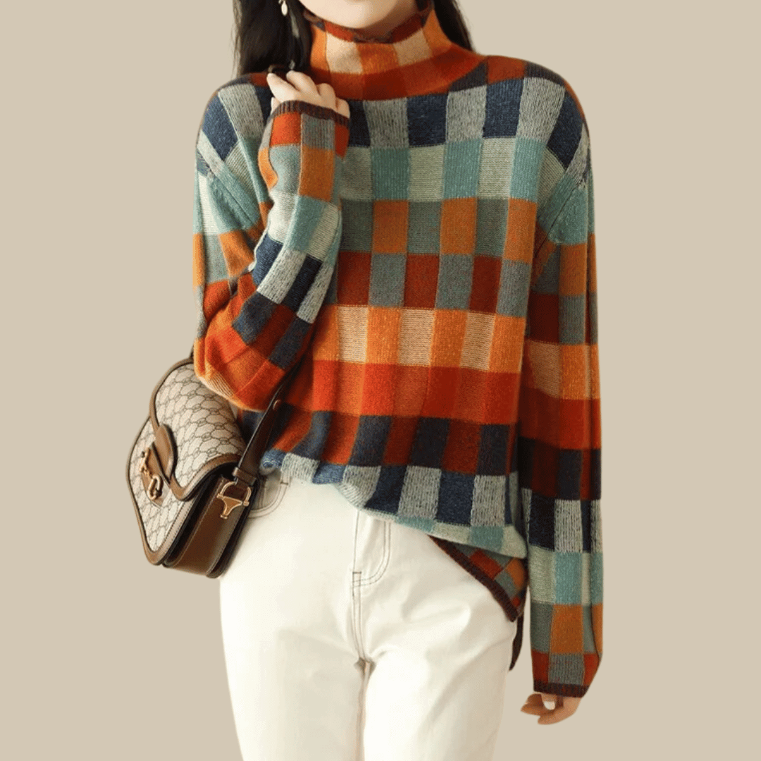 Patchwork-rullekravesweater til damer