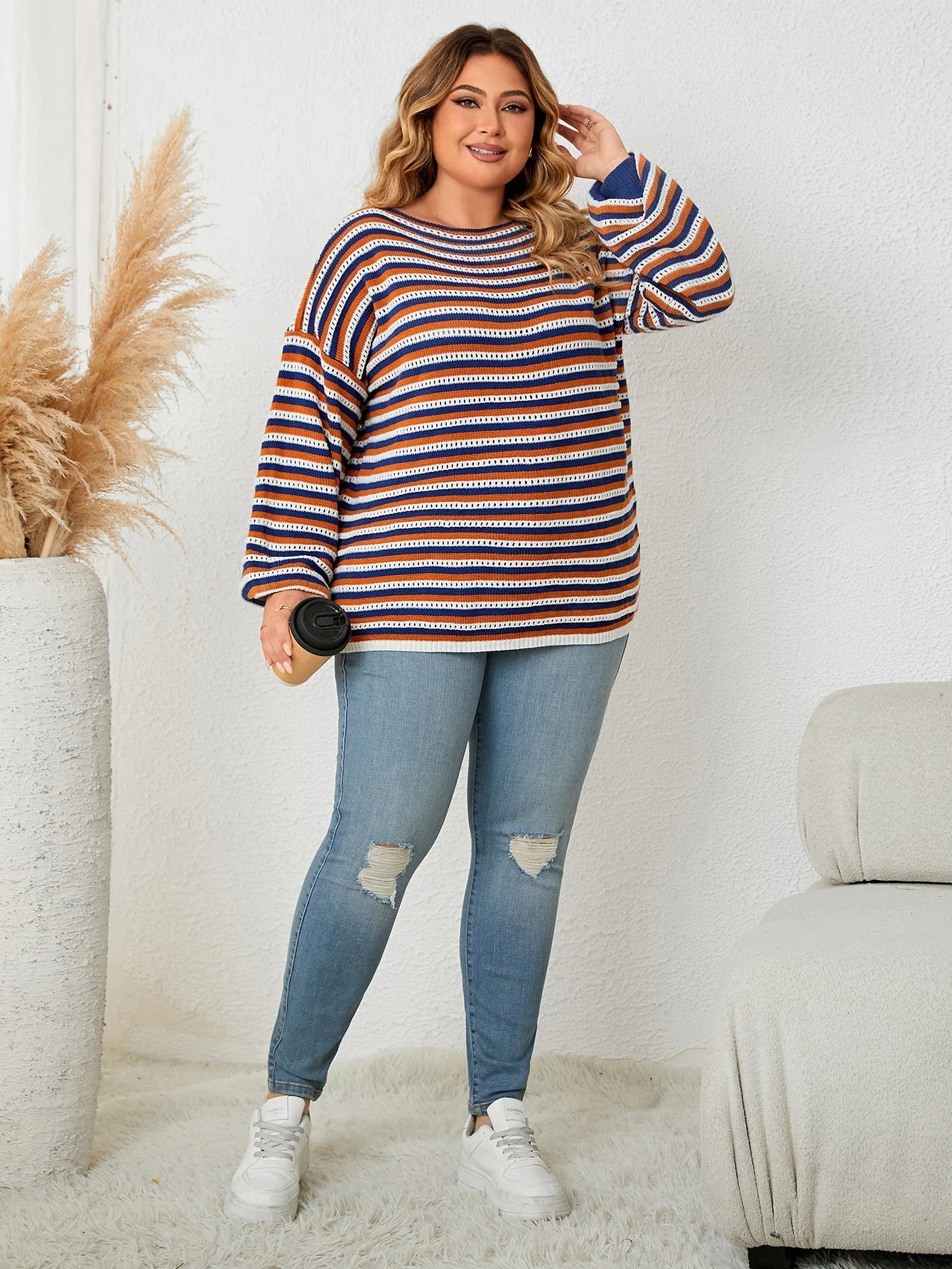 Plus size-pullover i uldblanding med efterårsstriber