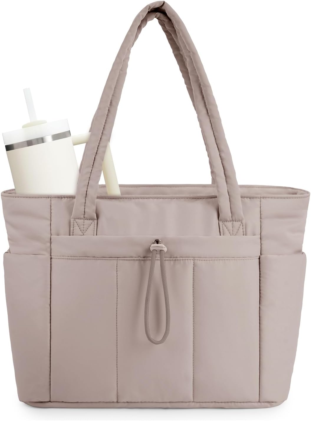 Quiltet puffer-shopper med computersleeve og kopholder