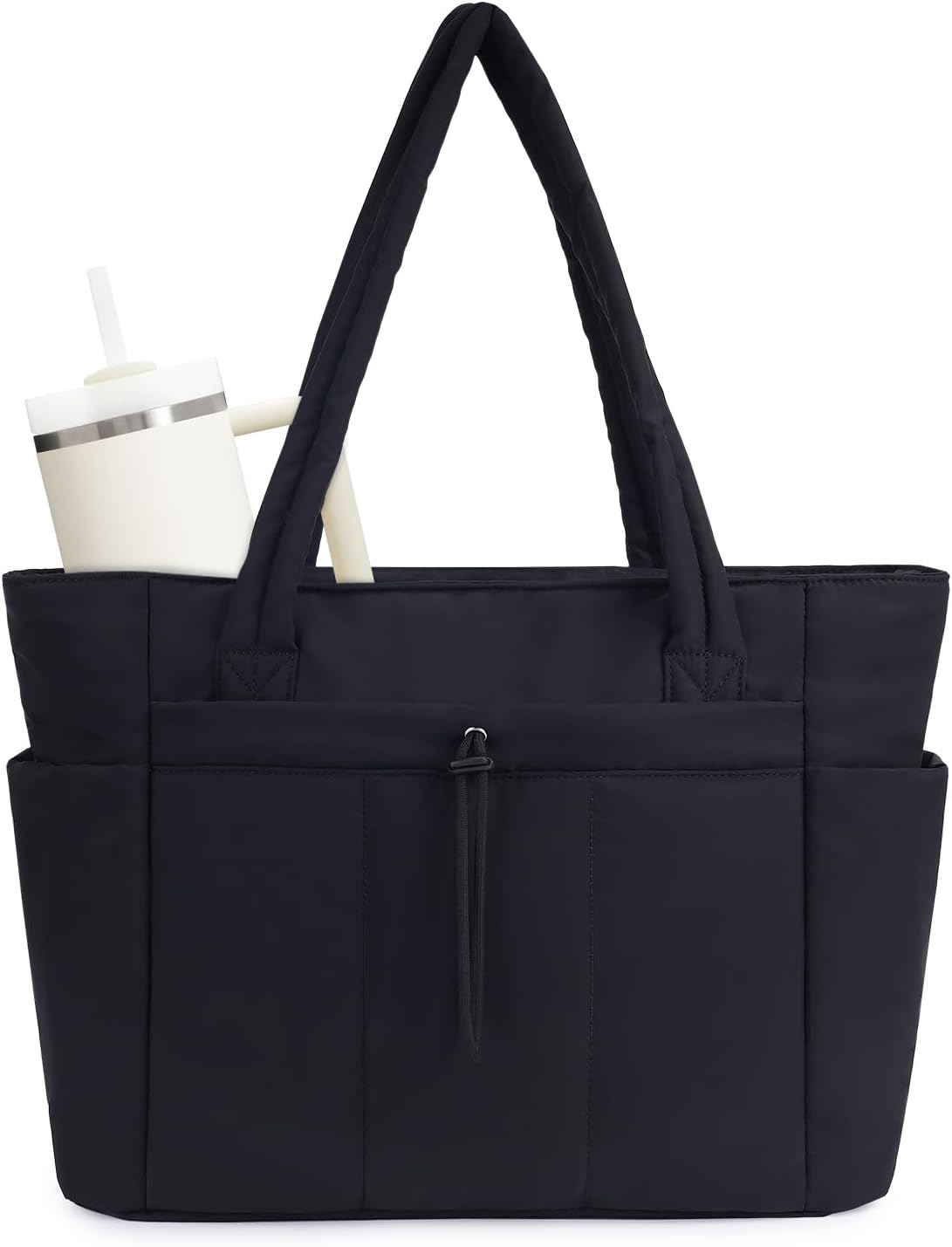 Quiltet puffer-shopper med computersleeve og kopholder