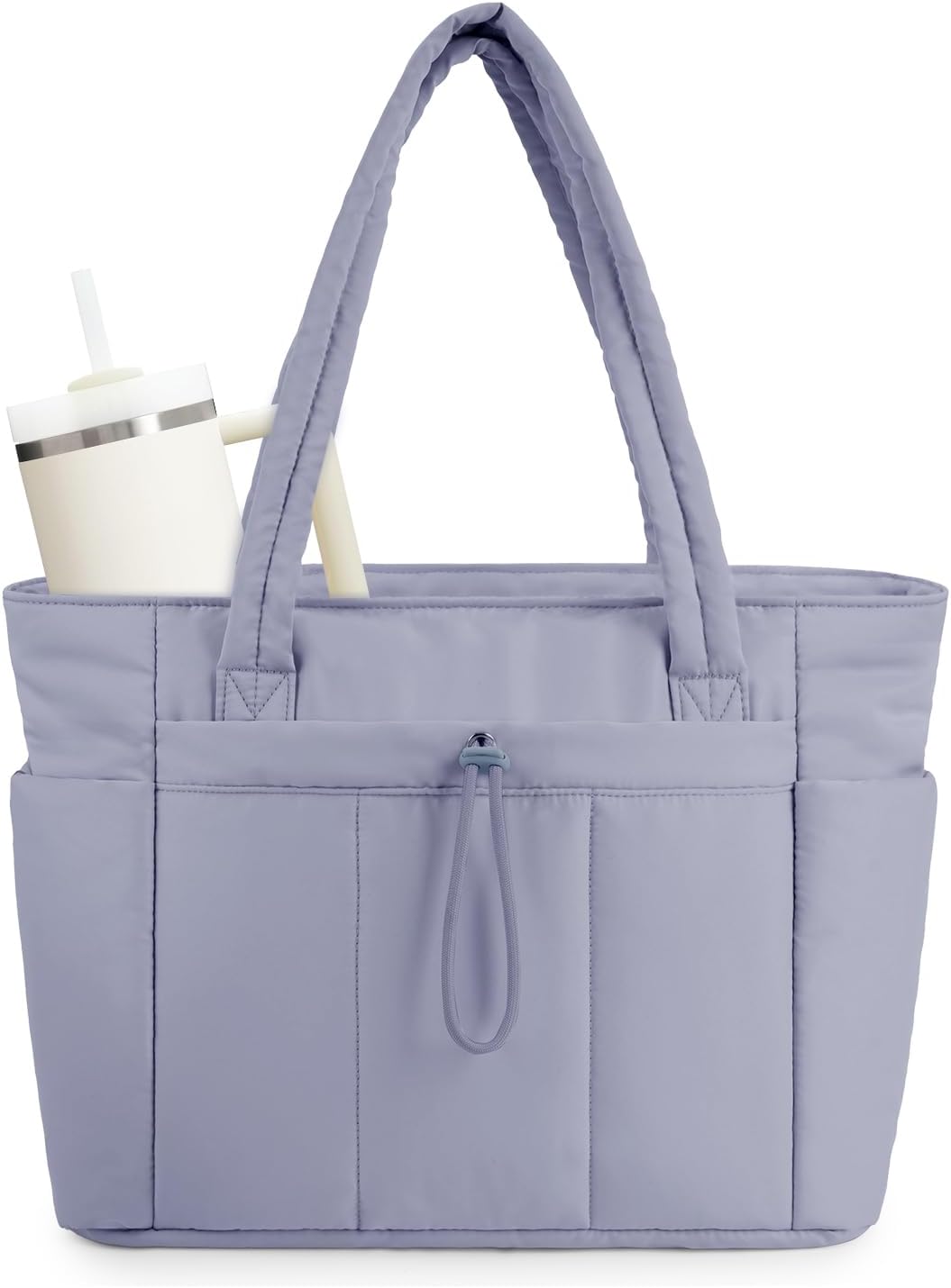 Quiltet puffer-shopper med computersleeve og kopholder