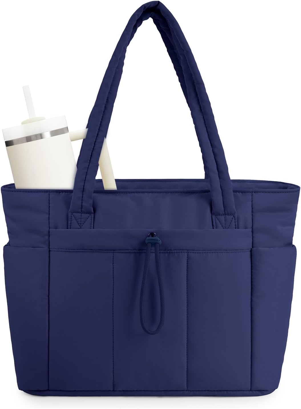 Quiltet puffer-shopper med computersleeve og kopholder