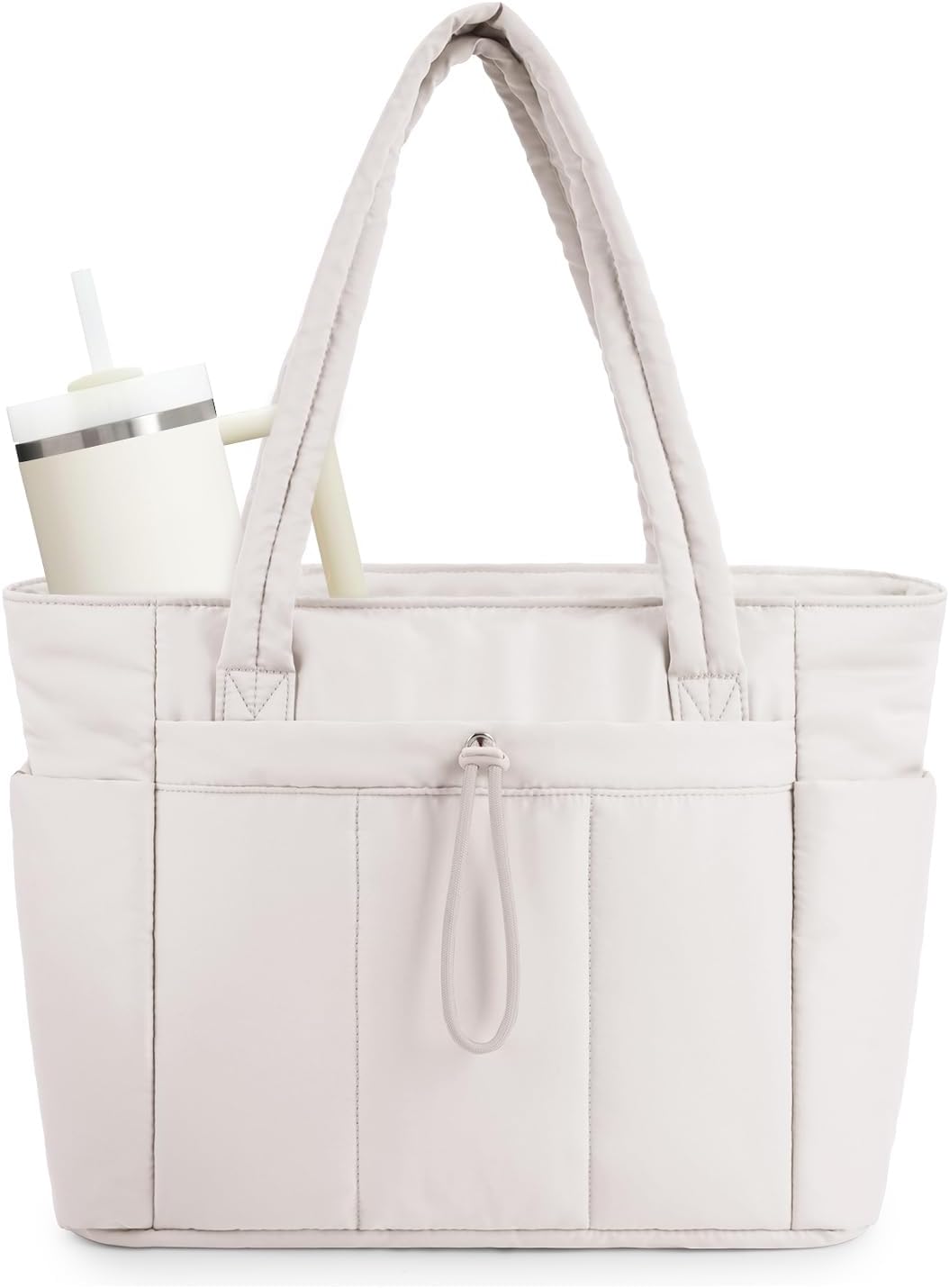 Quiltet puffer-shopper med computersleeve og kopholder