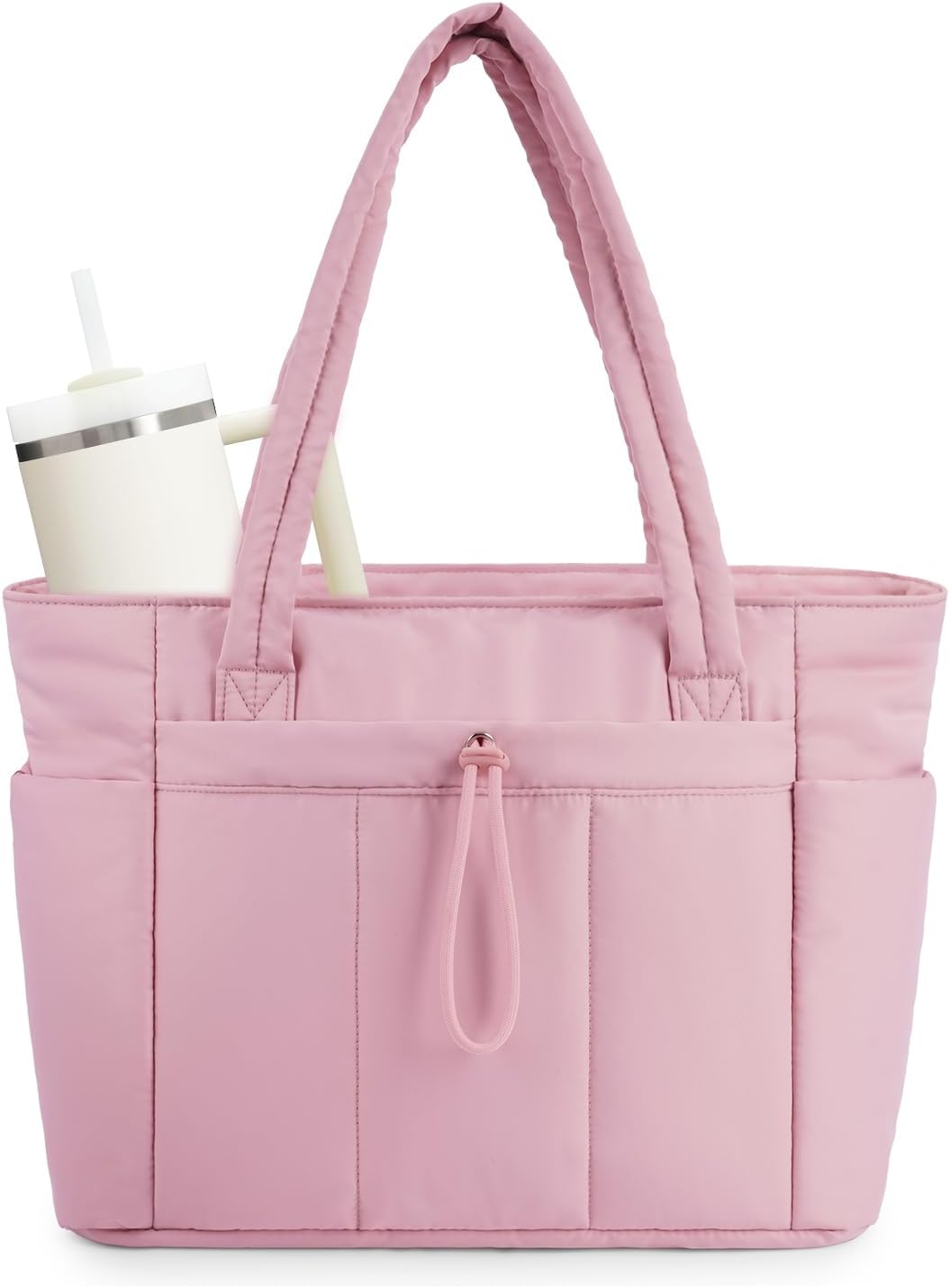 Quiltet puffer-shopper med computersleeve og kopholder
