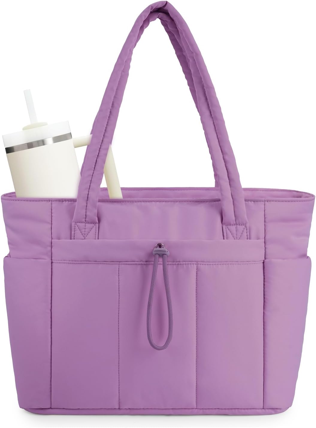 Quiltet puffer-shopper med computersleeve og kopholder