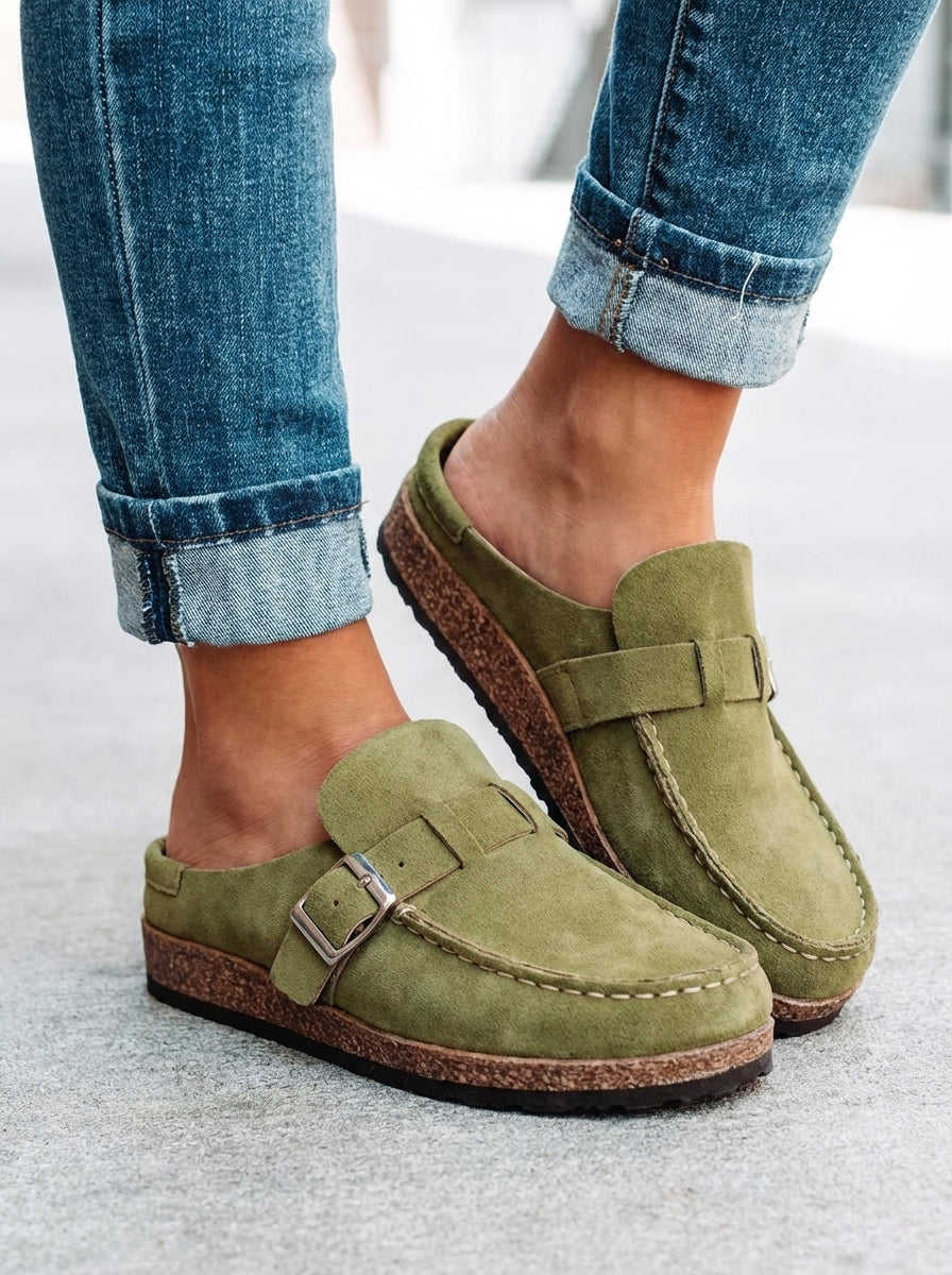 Retro flade mules med spænde til damer