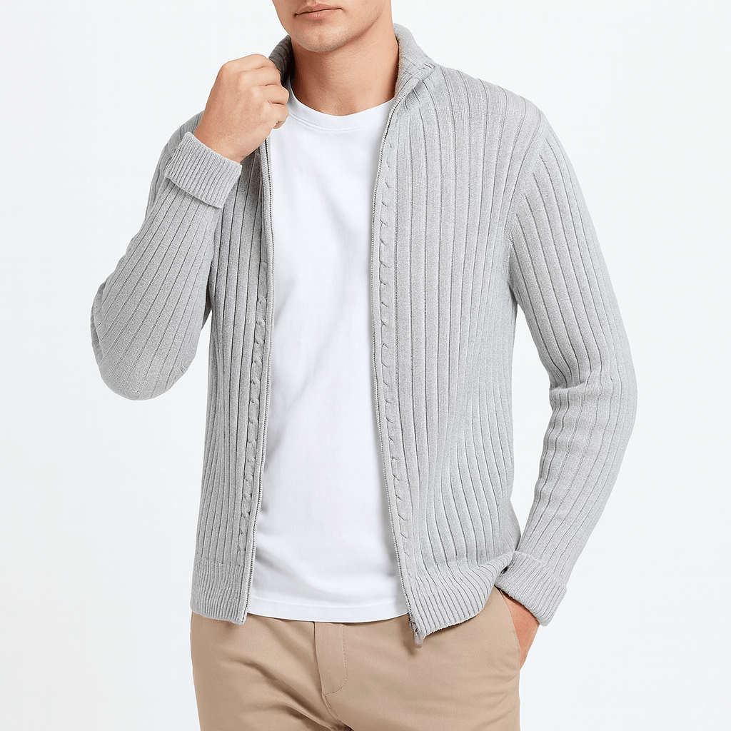 Ribstrikket herrecardigan med lynlås
