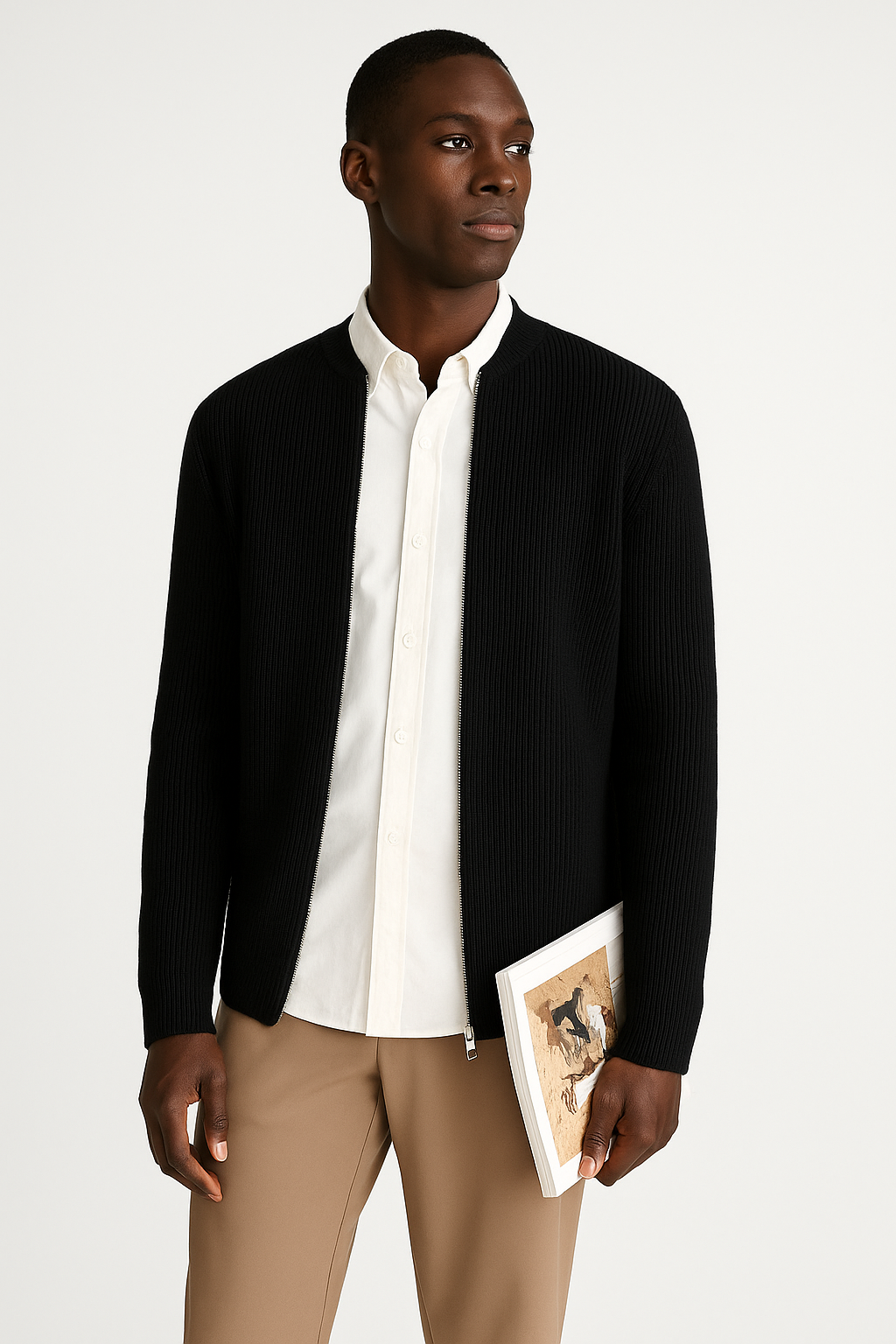 Ribstrikket herresweater med lynlås