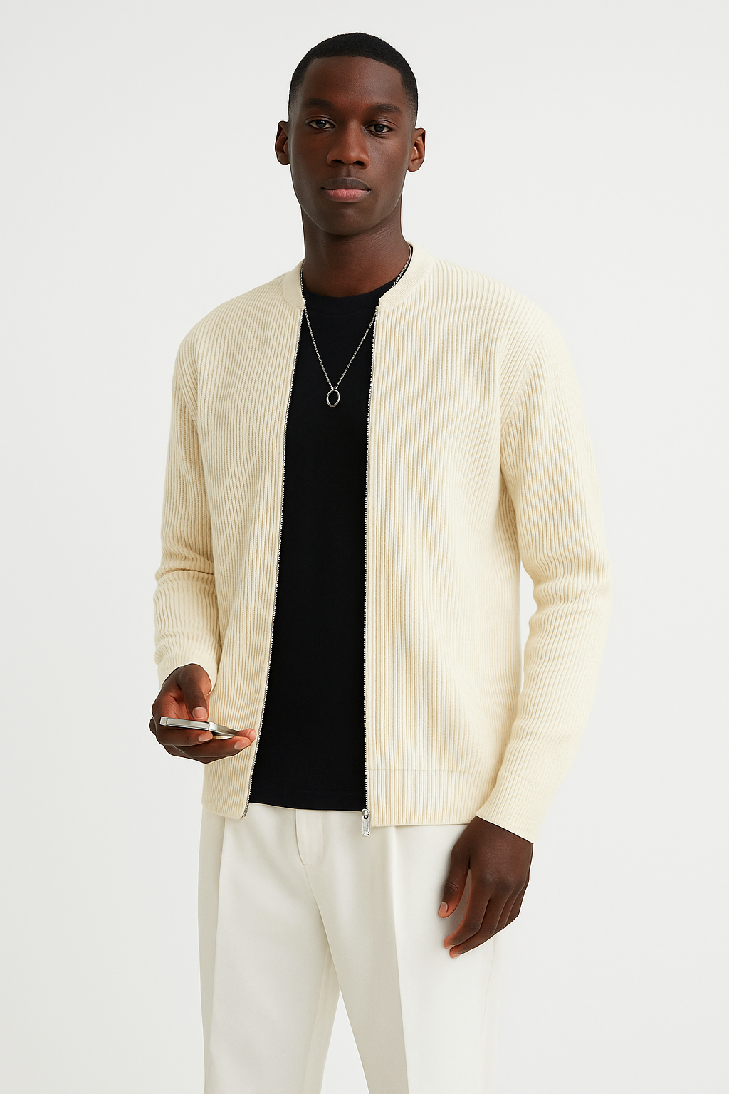 Ribstrikket herresweater med lynlås