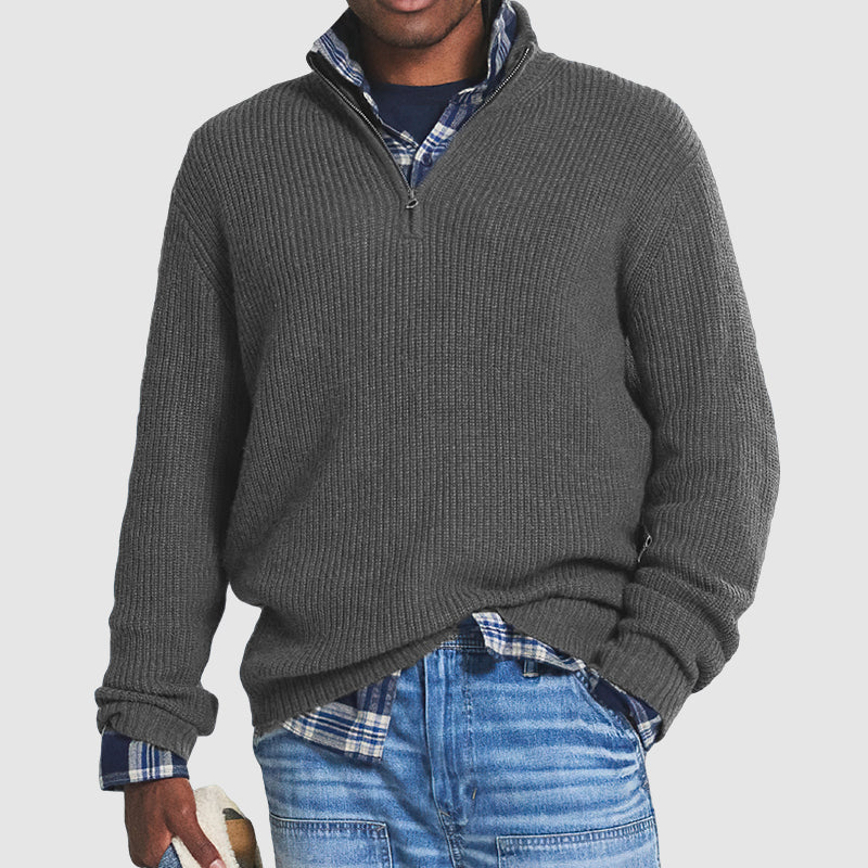 Ribstrikket sweater med quarter-zip til herrer