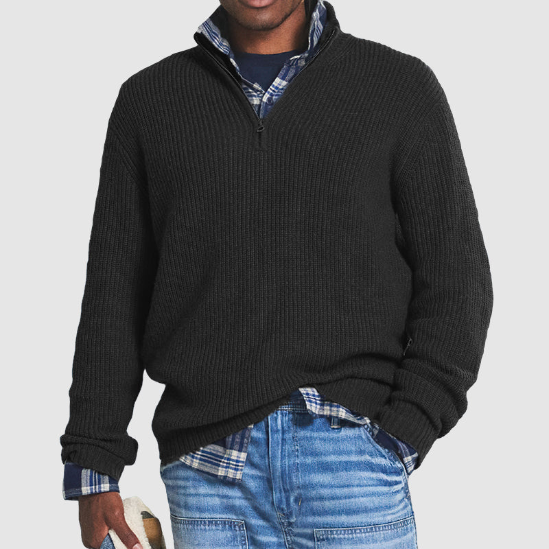 Ribstrikket sweater med quarter-zip til herrer