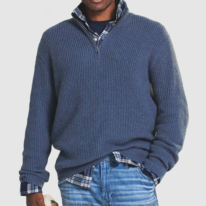 Ribstrikket sweater med quarter-zip til herrer