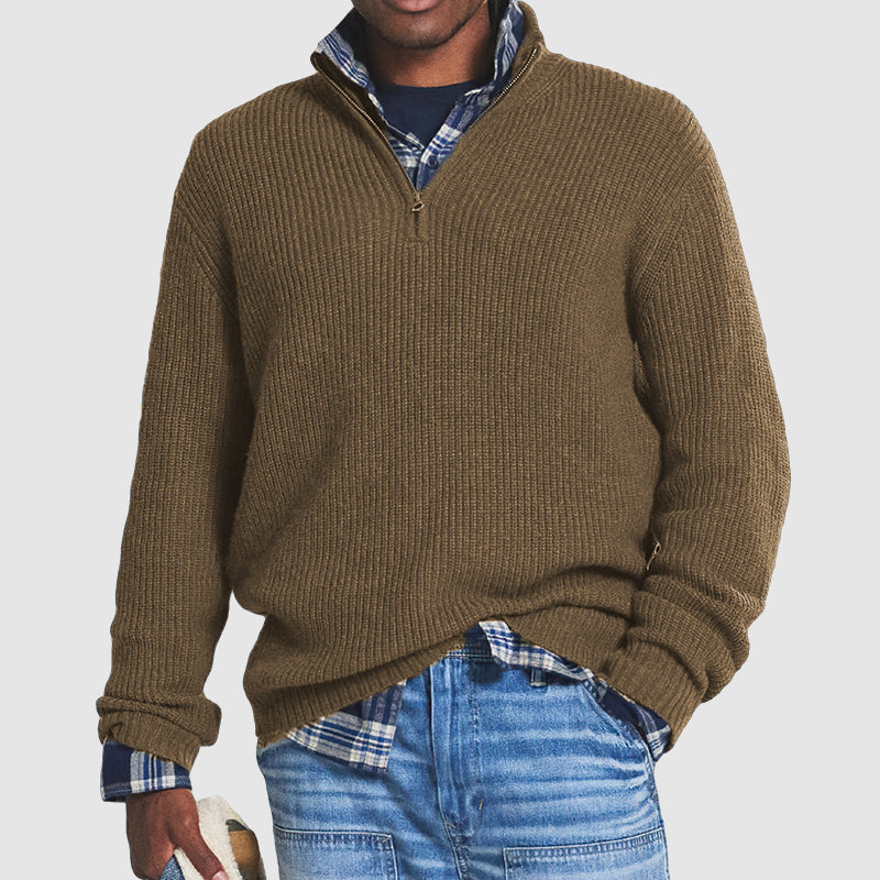 Ribstrikket sweater med quarter-zip til herrer
