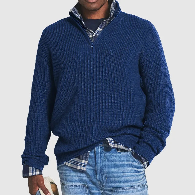 Ribstrikket sweater med quarter-zip til herrer