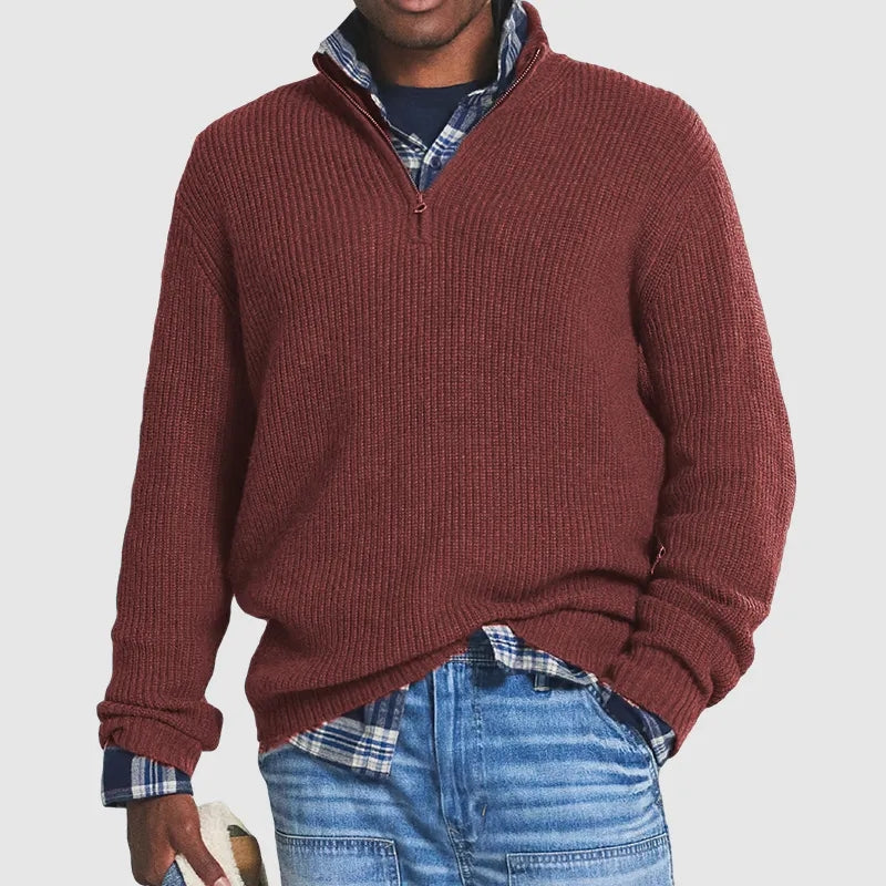 Ribstrikket sweater med quarter-zip til herrer