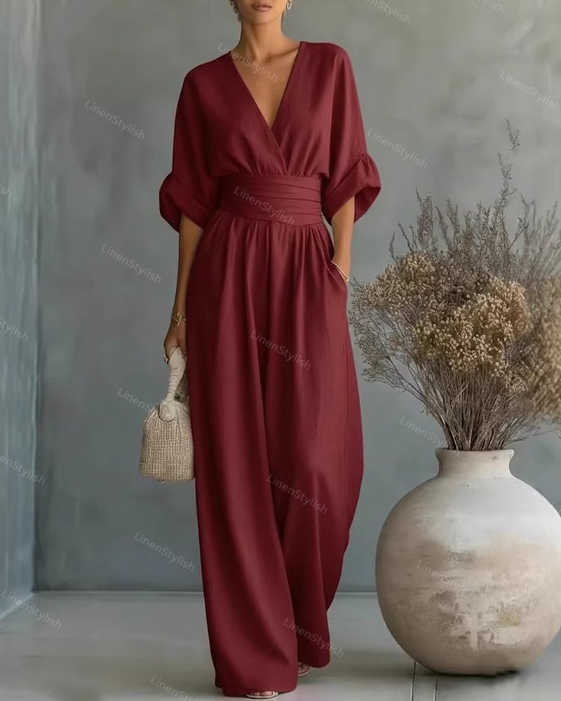 Slå-om-jumpsuit med V-udskæring til damer