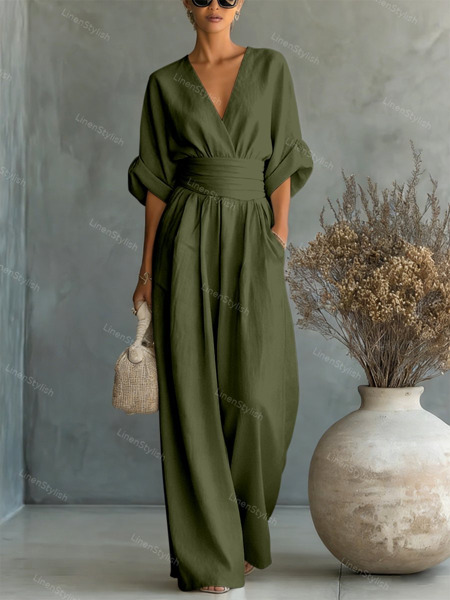 Slå-om-jumpsuit med V-udskæring til damer