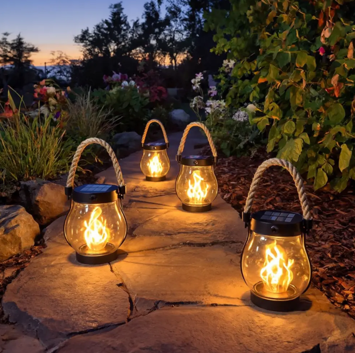 Solarlanterne med dansende flamme til have og terrasse