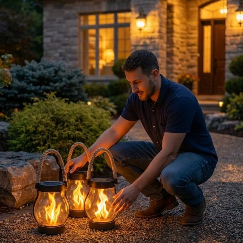 Solarlanterne med dansende flamme til have og terrasse