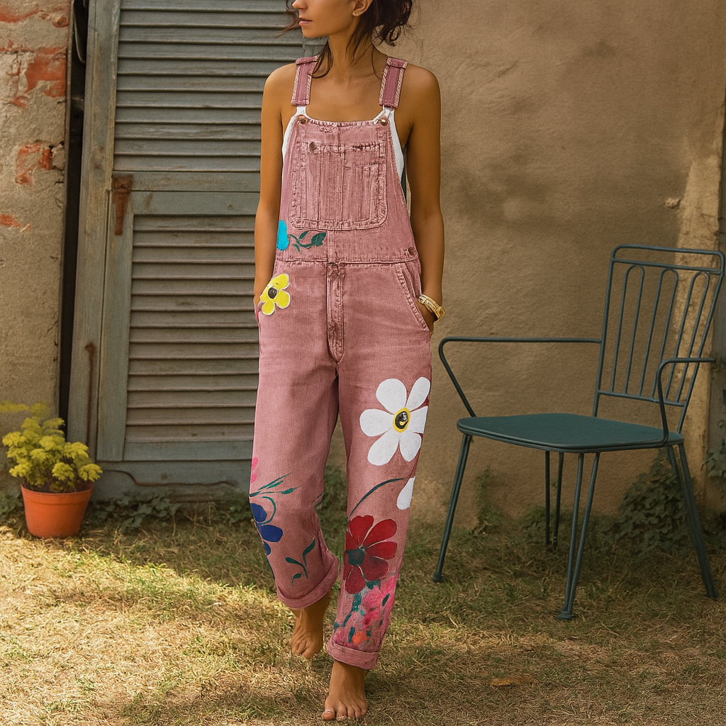 Stilfuld denimbuksedragt med blomstermønster