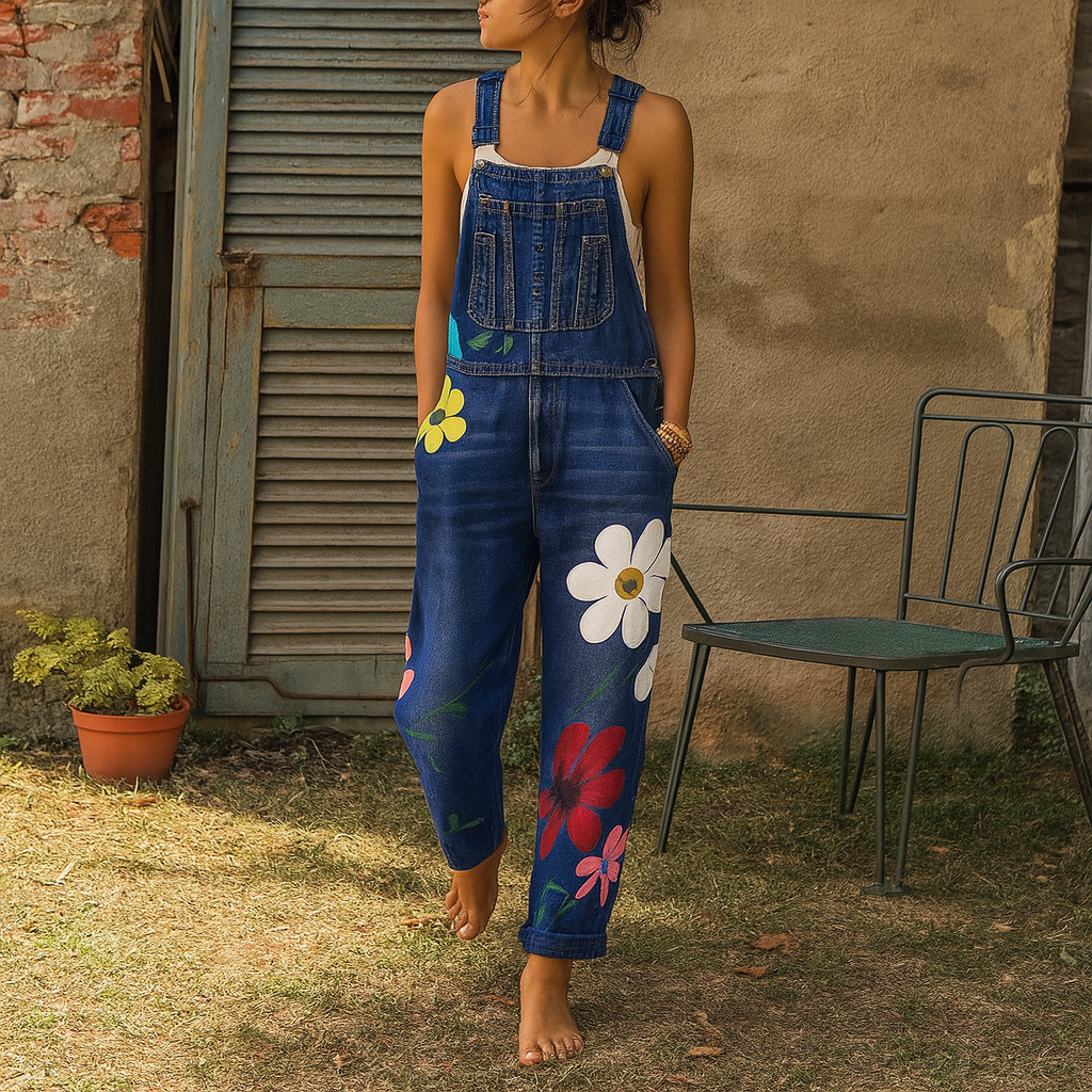 Stilfuld denimbuksedragt med blomstermønster