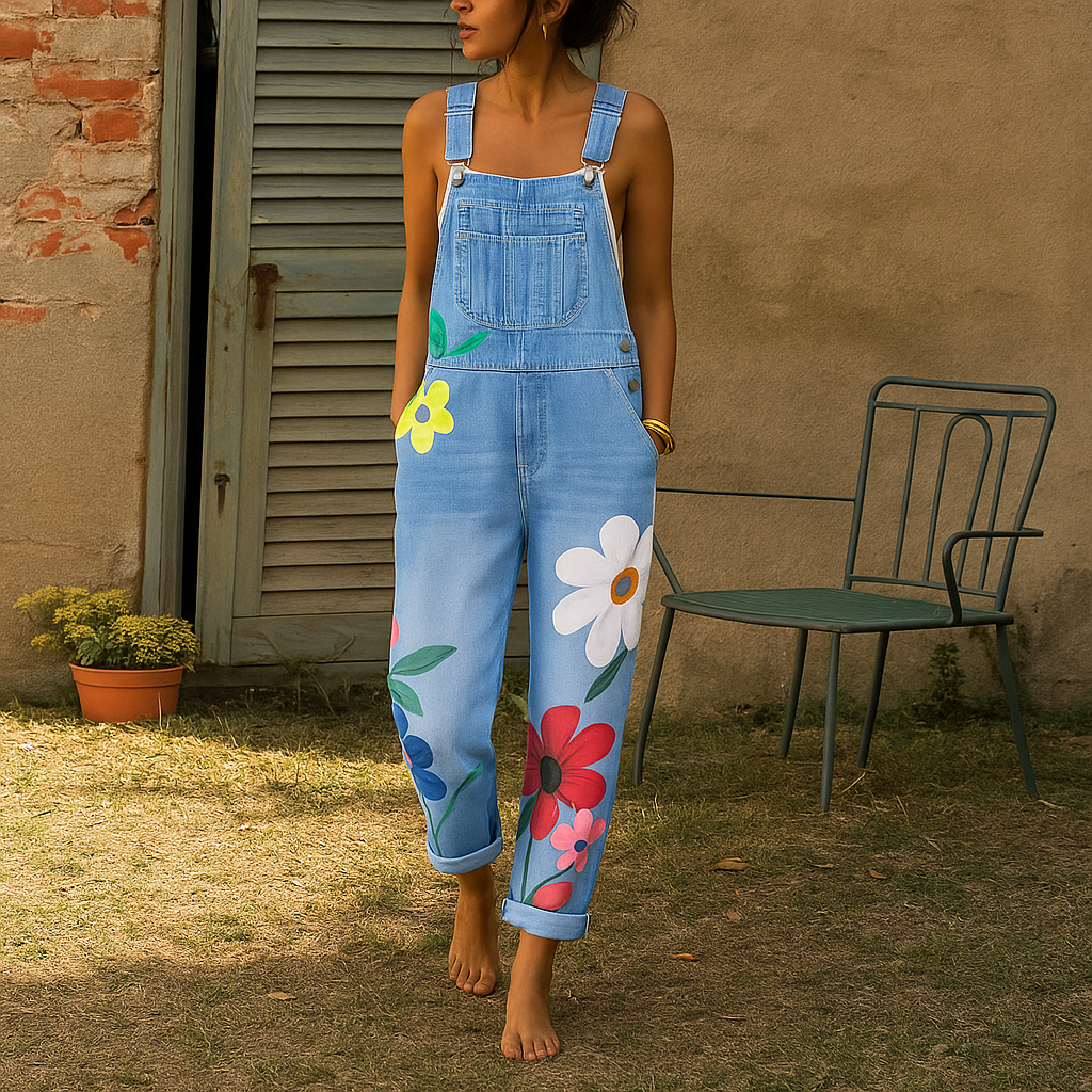 Stilfuld denimbuksedragt med blomstermønster