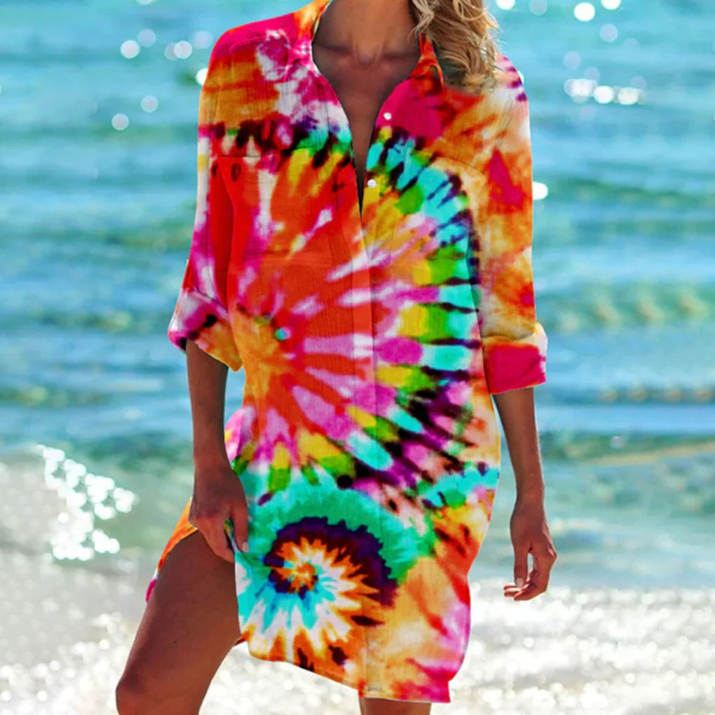 Strandskjorte til damer med tie-dye-print