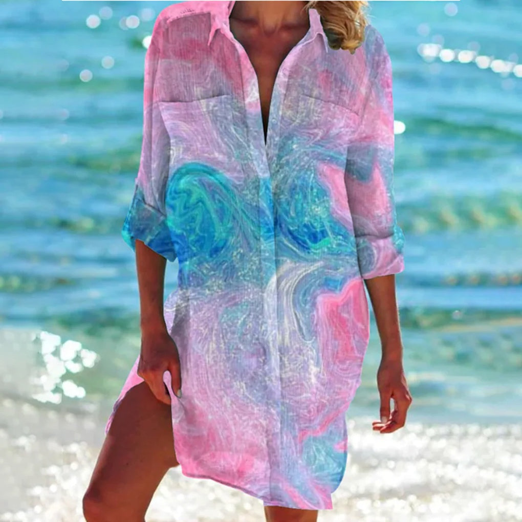 Strandskjorte til damer med tie-dye-print
