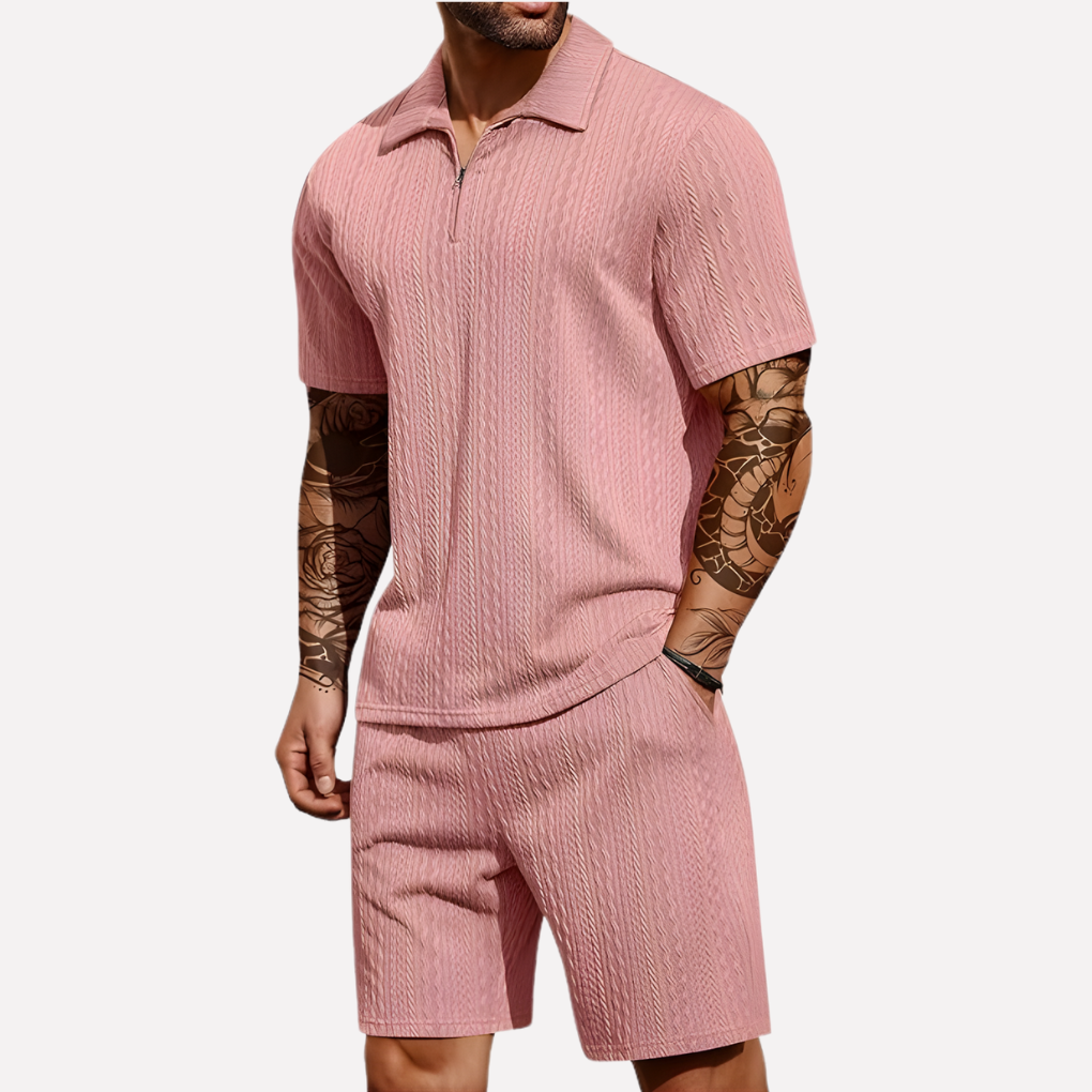 Struktureret polo med kvart lynlås og shorts-sæt