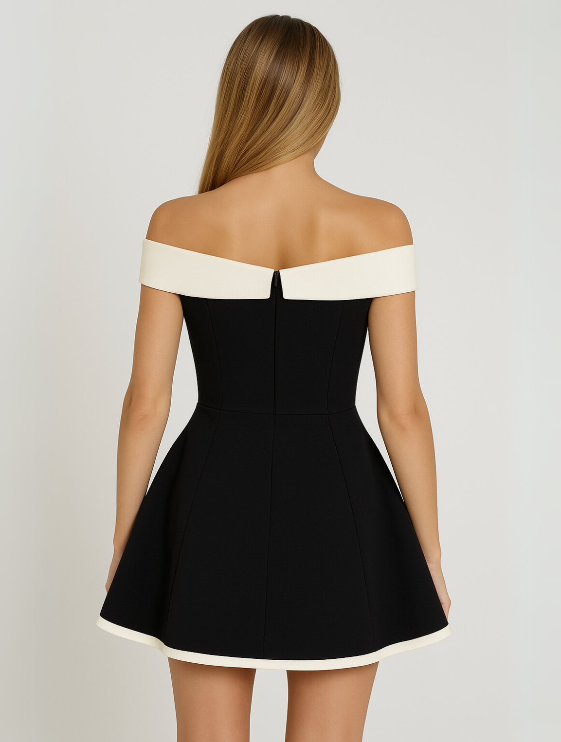 Tidløs off-shoulder minikjole med kontrast