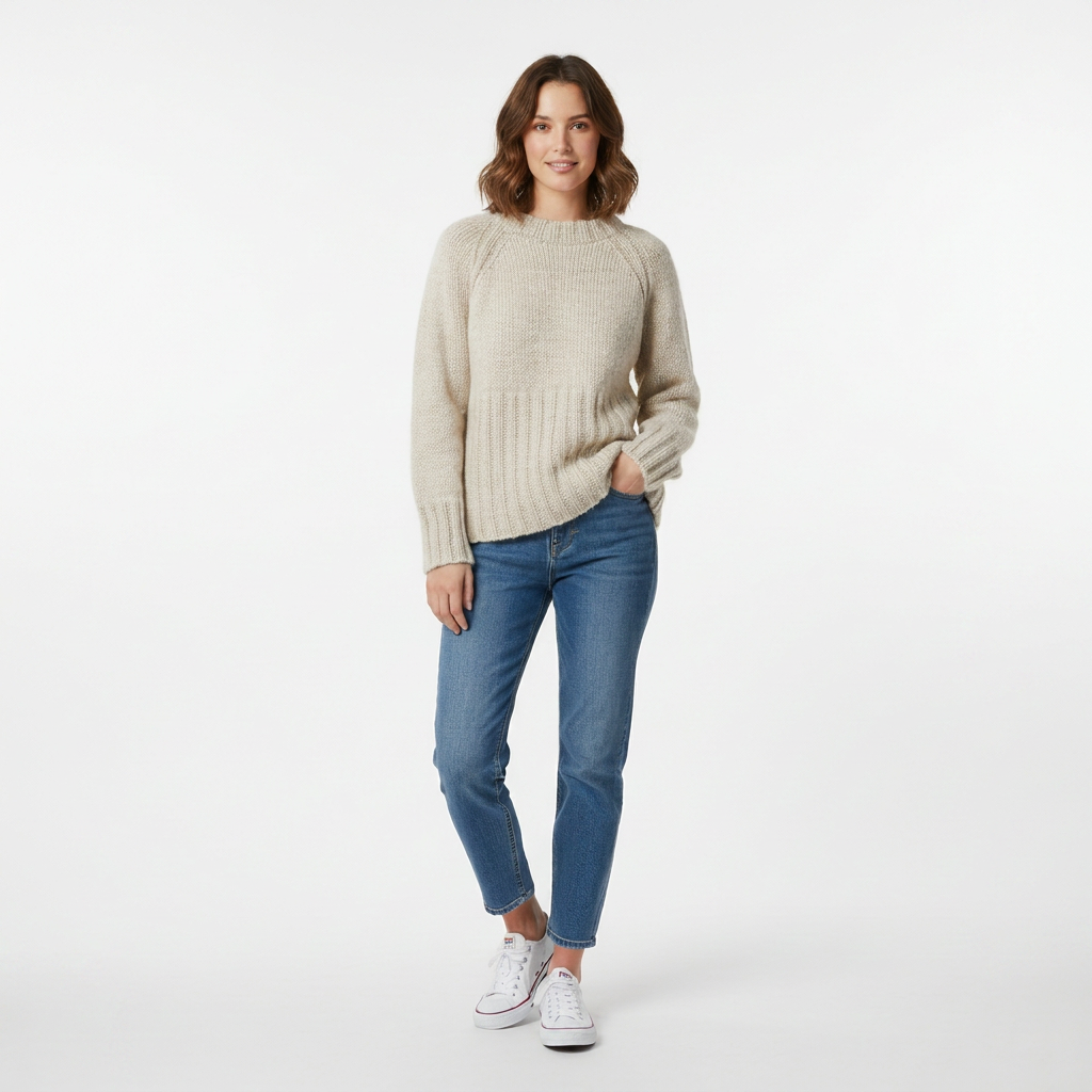 Tykstrikket pullover til damer – rund hals og løs pasform