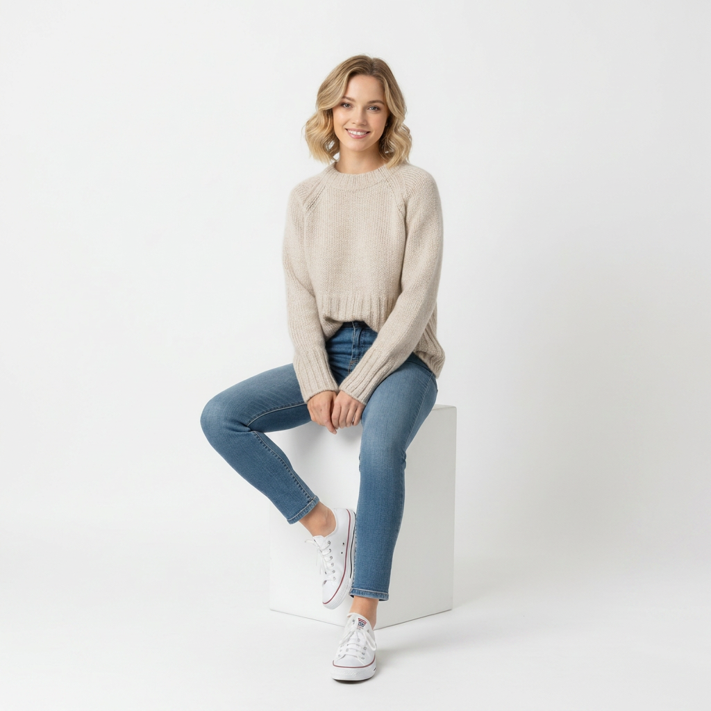 Tykstrikket pullover til damer – rund hals og løs pasform