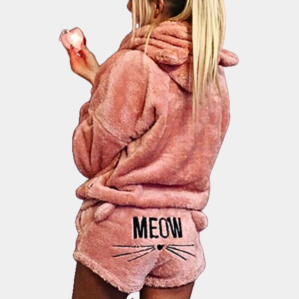 Ultrakomfortabelt fleece-loungepyjamassæt med kat