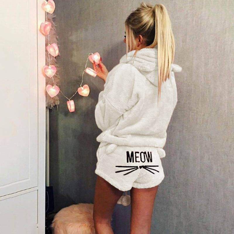 Ultrakomfortabelt fleece-loungepyjamassæt med kat