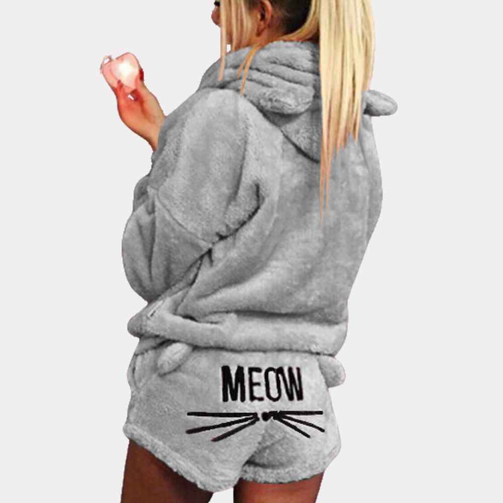 Ultrakomfortabelt fleece-loungepyjamassæt med kat