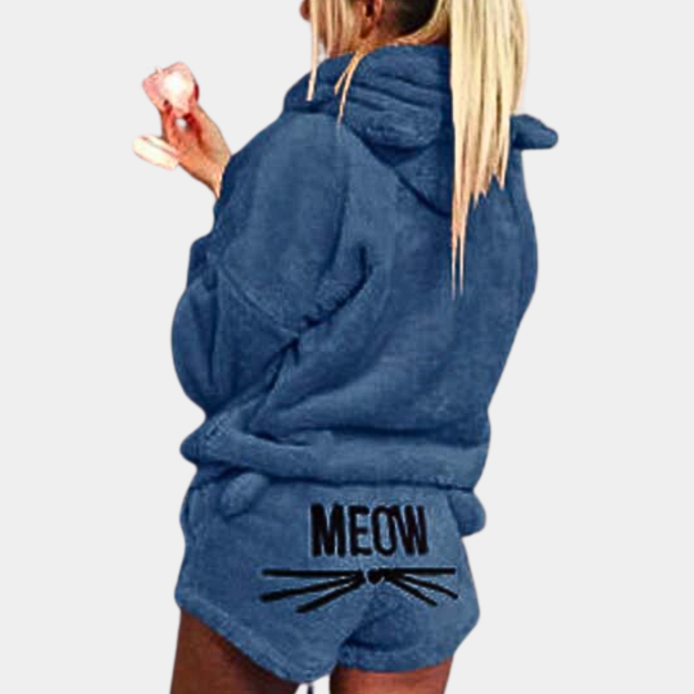 Ultrakomfortabelt fleece-loungepyjamassæt med kat
