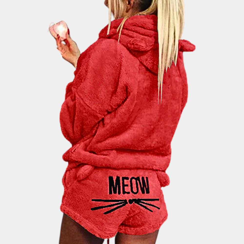 Ultrakomfortabelt fleece-loungepyjamassæt med kat