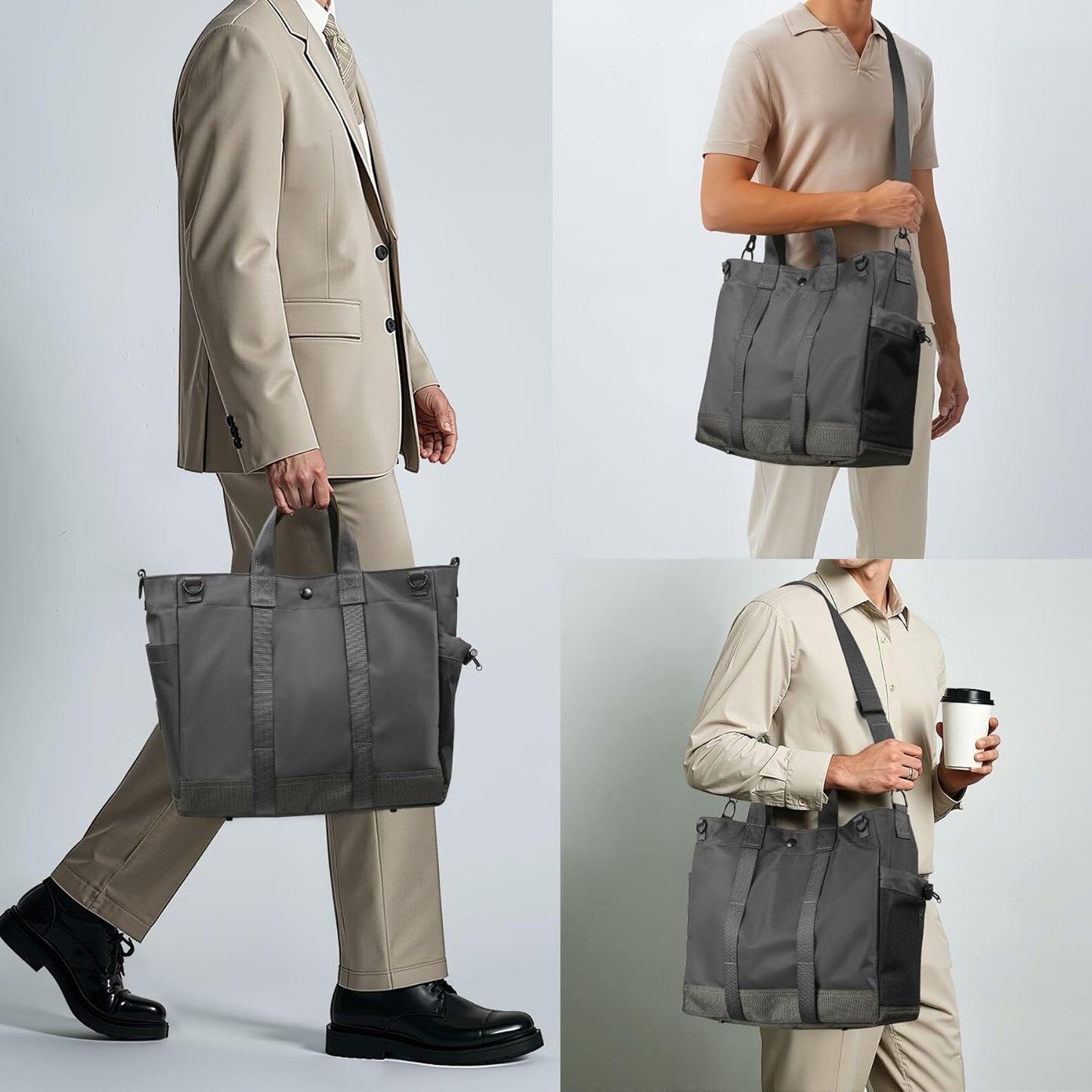 Unisex totebag til bærbar computer med flere rum og justerbar rem